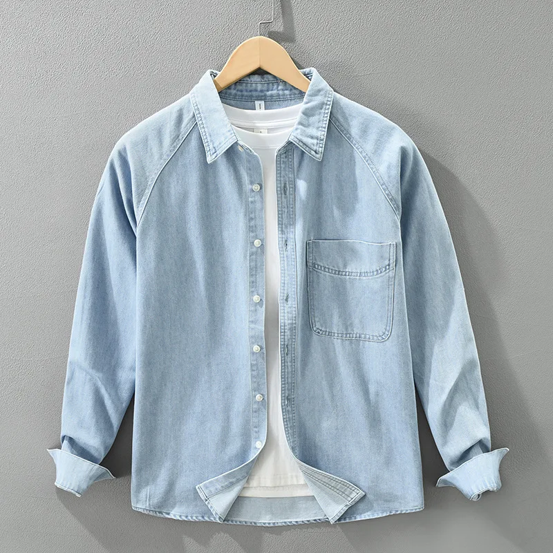 

Retro Japanese Style Long Sleeve Denim Shirt Men's Fashion Versatile Casual Loose Top Daily Wear Comfortable Thickened Fabric