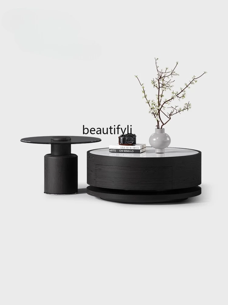 

Italian minimalist microcrystalline stone round coffee table combination rotating small apartment, modern living room home