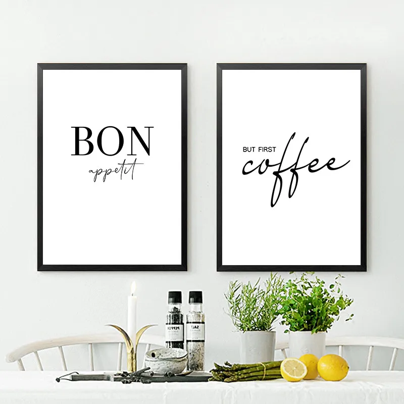 Arte da cozinha decoração, mas primeiro café poster bon appetit impressão preto branco arte da parede pintura em tela para sala de jantar decoração de casa