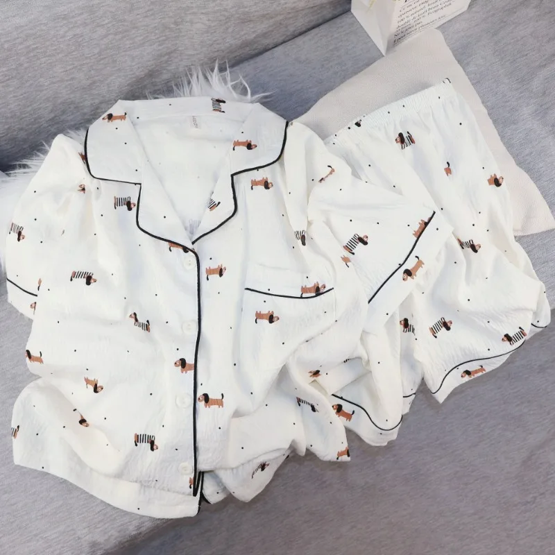 

Puppy Dot Print Women's Pajamas Set Summer 2026 New Casual Lapel Neck Sweet Cute Pajamas Cartoon Fashion Sleepwear Korean Style