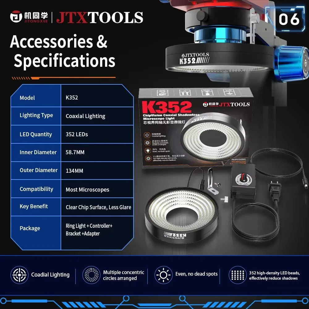 JTX K352 Coaxial Shadowless Microsocpe Light 352PCS High Density LED Beads Make the VIsion Brighter Shadows Reducing Ring Lamp