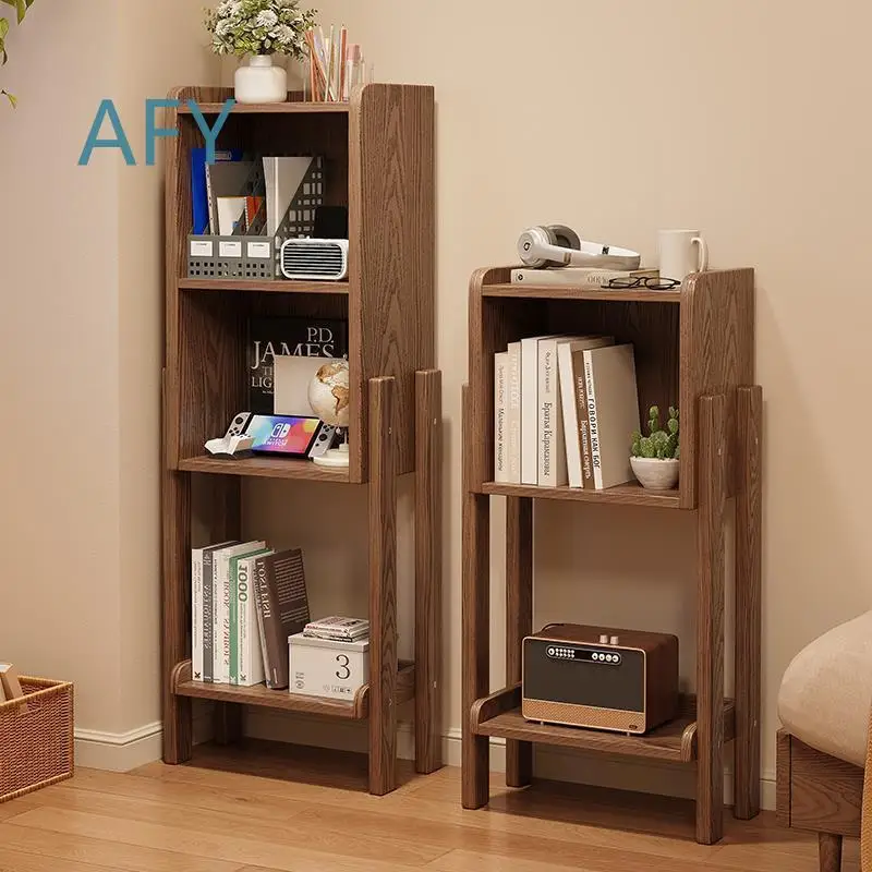 Bedside Elevated Shelf for Small Apartment Living Room Sofa Area Solid Wood Storage Rack Bookcase Floor Standing Organizer