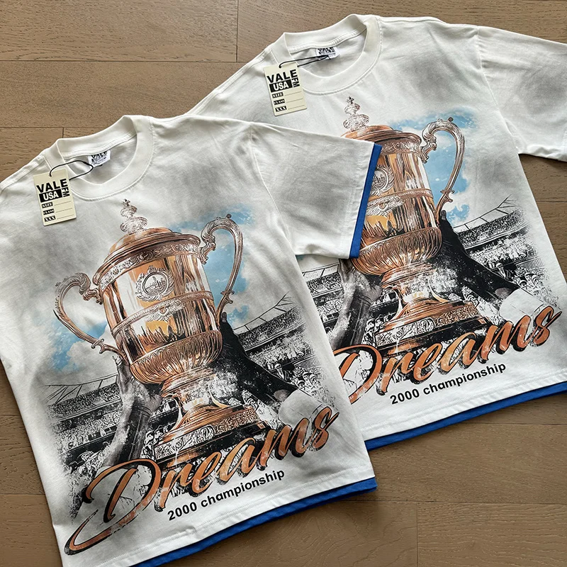High Quality Vintage Trophy Print Patchwork Color Washed Old American Trendy Short Sleeve Pure Cotton T-Shirt Unisex Citywalk