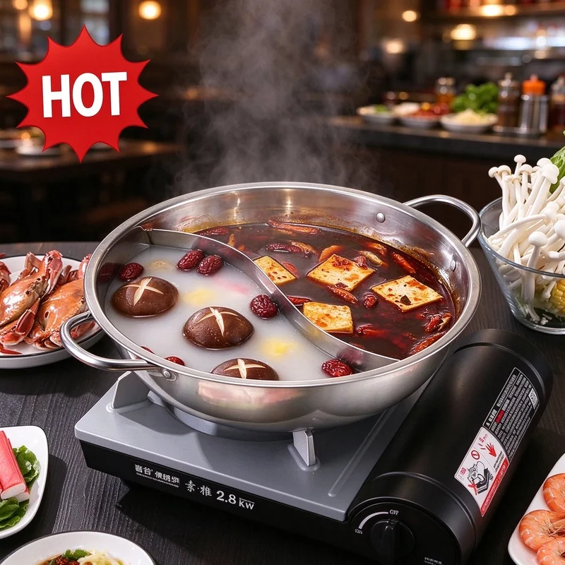 28cm Dual Broth Divided Hot Pot, Stainless Steel Chinese Soup Pot, Compatible with Gas Stove, Household Kitchen Cookware
