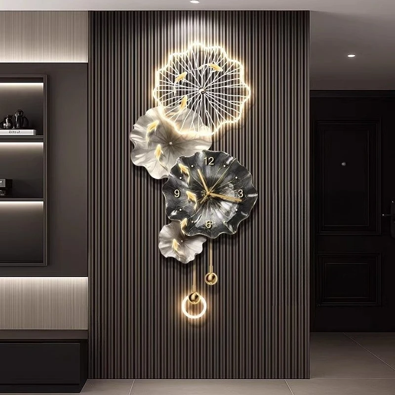 Living room TV background wall decorative painting wall clock nine fish advanced sense grille clock hanging painting with clock