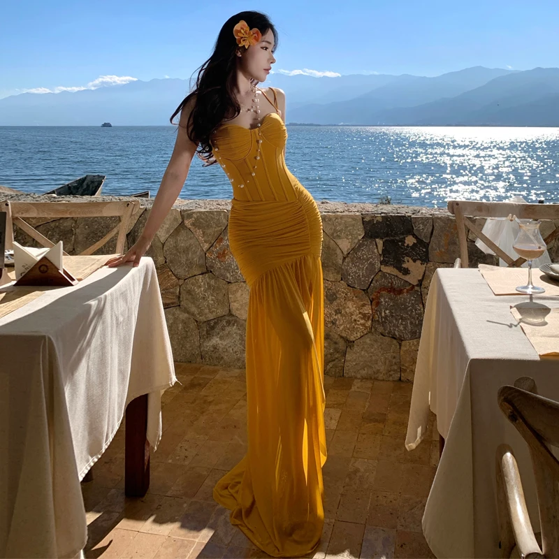 女性用イエローチュールボディコンイブニングガウン、サイドスリット入り、ボーン入り、パネル付き、ギャザー入りペンシルマーメイドスカート、エレガントなクラブパーティー、プロム、ドレス