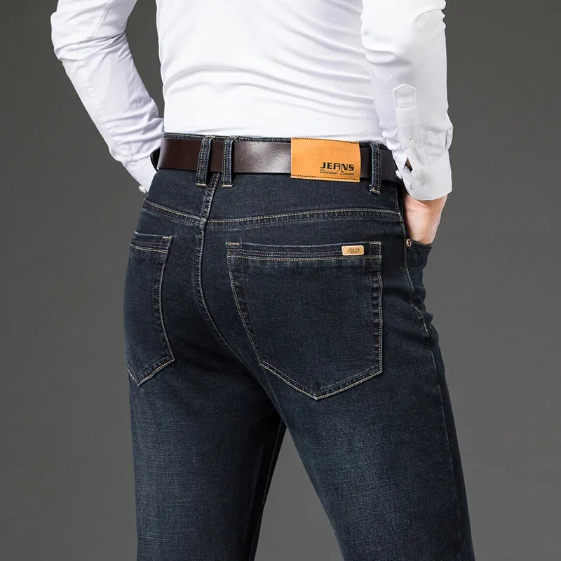 Large Size 40 42 44 46 2025 New Business Casual Stretch Trousers Classic Blue Denim Pants Male Men's Loose Straight Jeans