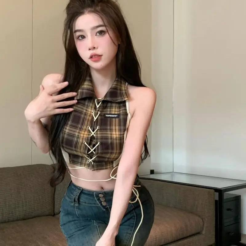 American Vintage Women Plaid Join Together Summer Sexy Slim Irregular Casual Female Clothing New Chic Sleeveless Crop Tank Top