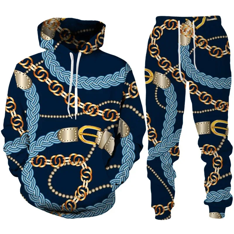 3D Luxury Golden Chain Leopard Print Men\'s Hoodie Suit Casual Unisex Sportswear Pants 2pcs Sets Fashion Hooded Sweatshirt Outfit