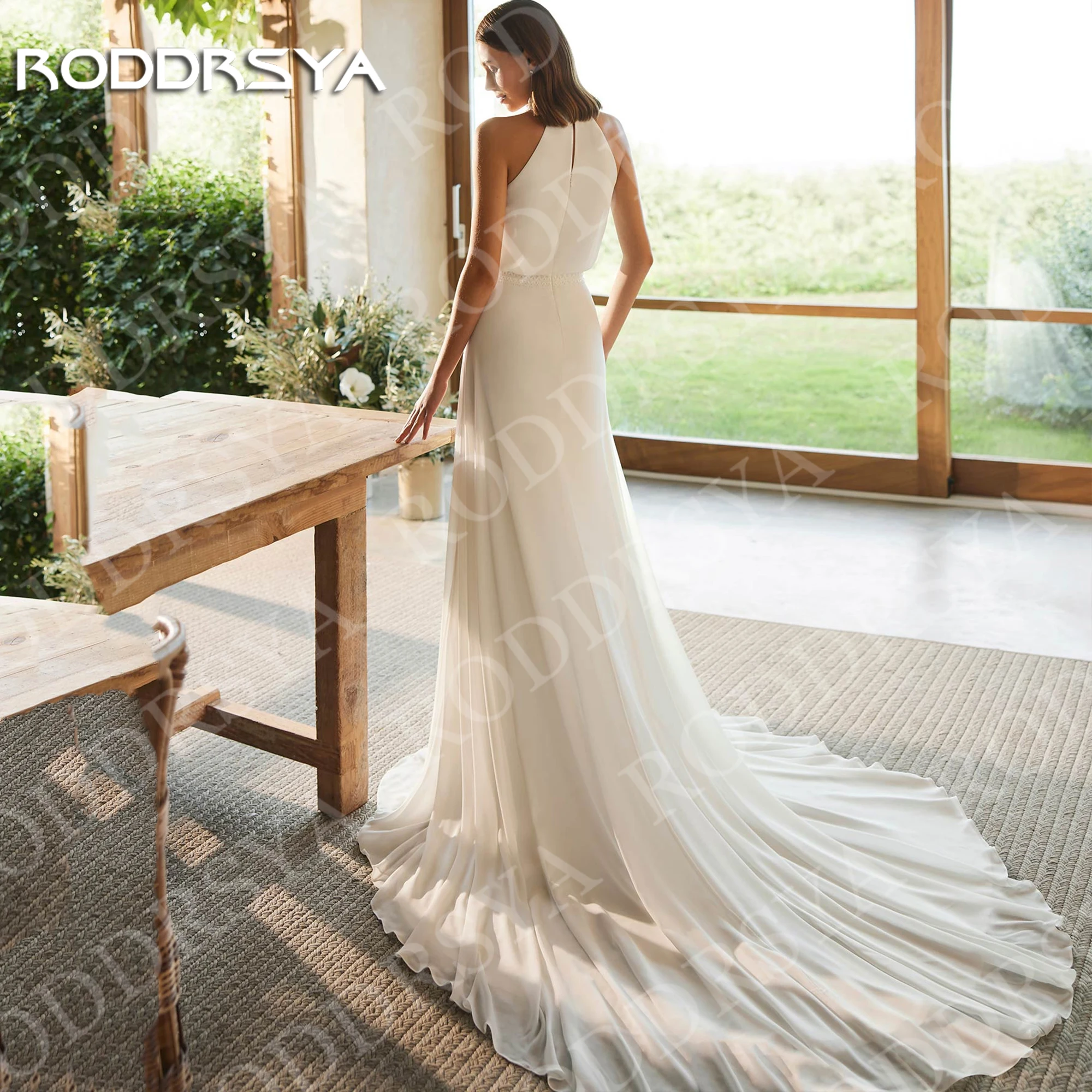 RODDRSYA Beach Civil Wedding Dresses for Bride Modern Bohemian Chiffon Simple Lace Bridal Dress with Detachable Cape Customized