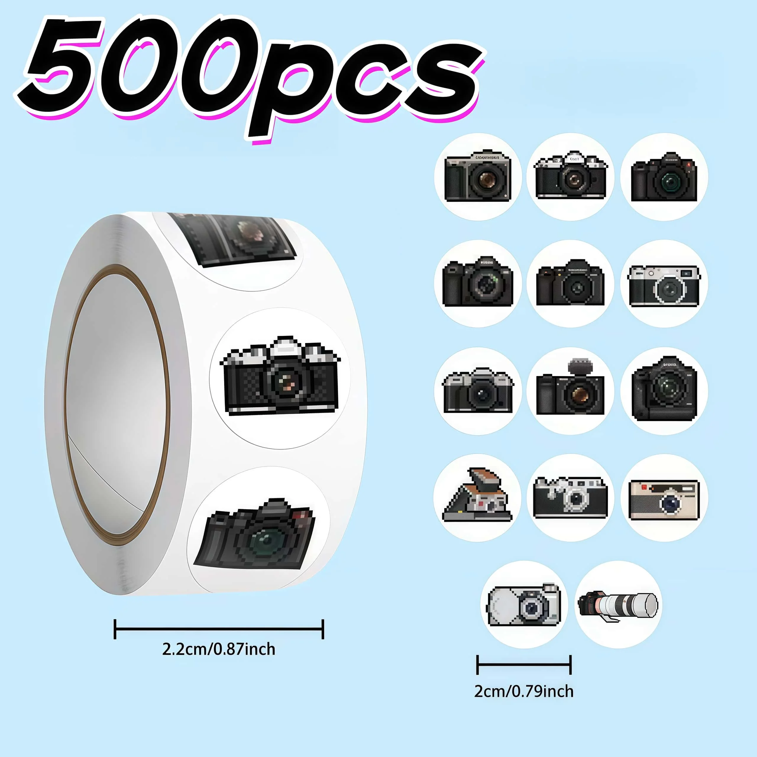 500Pcs Retro Pixel Camera Round Sticker Roll, Vintage Pixel SLR Camera Pattern Labels for Packaging Journal Scrapbook DIY Decor