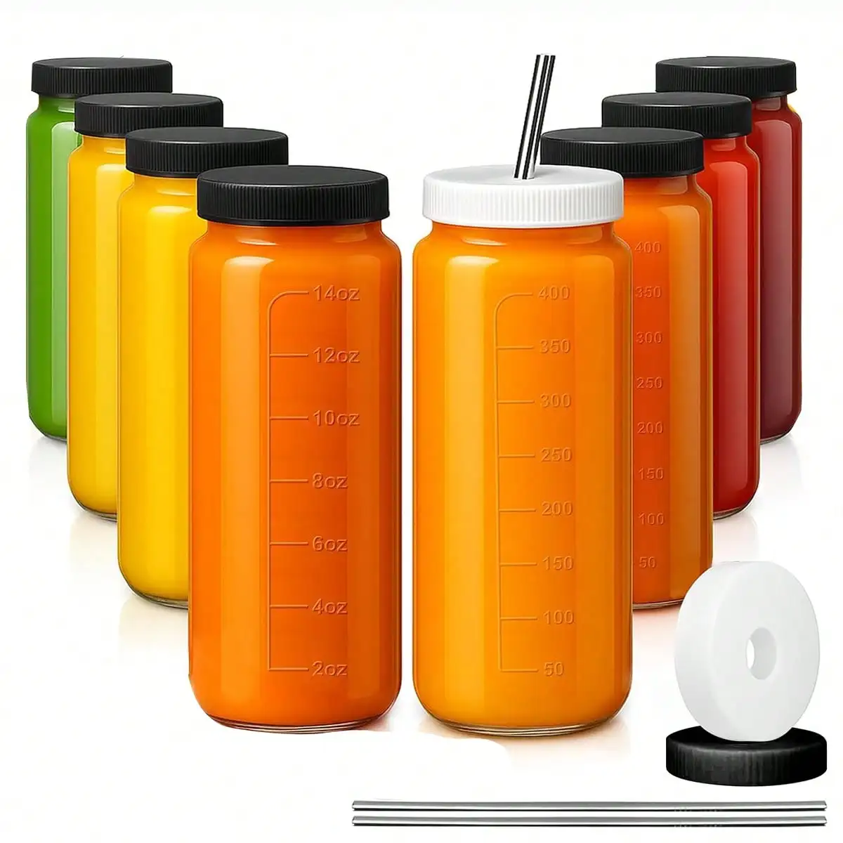 8 Pack Glass Juice Bottles Modern Reusable Glass Storage Jars 16 OZ Beverage Containers With Lids Straws Measurement Scale Airtight Drinking Bottles For Smoothies Juicing Milkshake Christmas Housewarming Gift