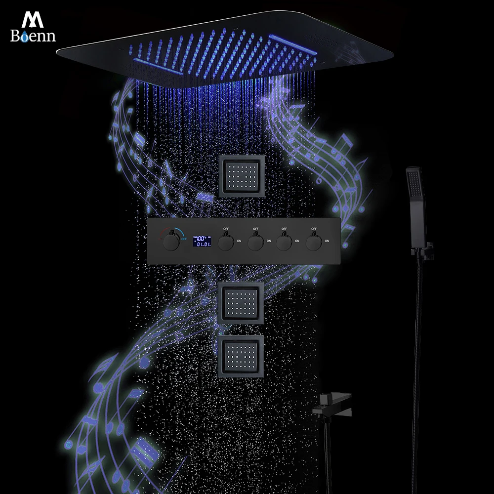 M Boenn Hot Cold LED Temperature Display Diverter Bathroom Shower System Complete Black Shower Head Faucet Set Msuic Showerhead