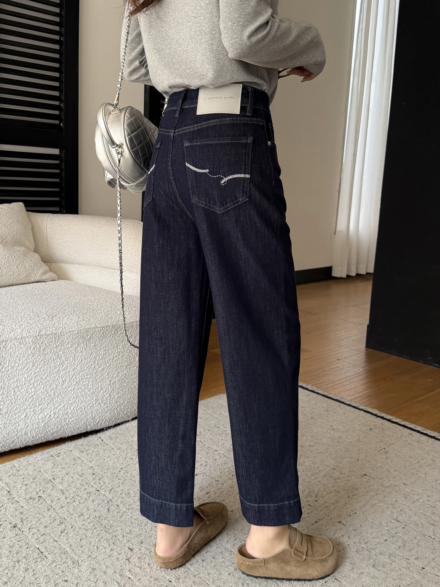 

Deep Blue High Waist Straight Leg Stretchy Denim Jeans Women's Spring Loose Nine Tube Pants Straight Cut Breathable Cotton