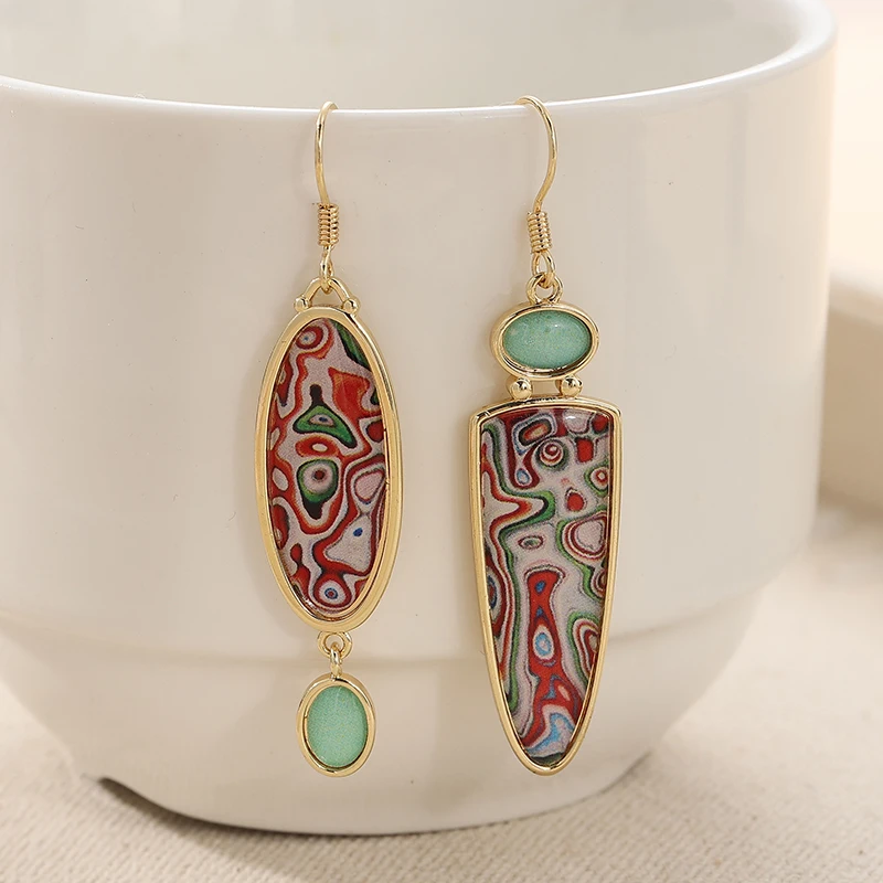 Kreative Ohrringe im böhmischen Stil, rechteckig, mit imitiertem Stein, für Damen, Persönlichkeit, asymmetrisches Design, Ohrschmuck
