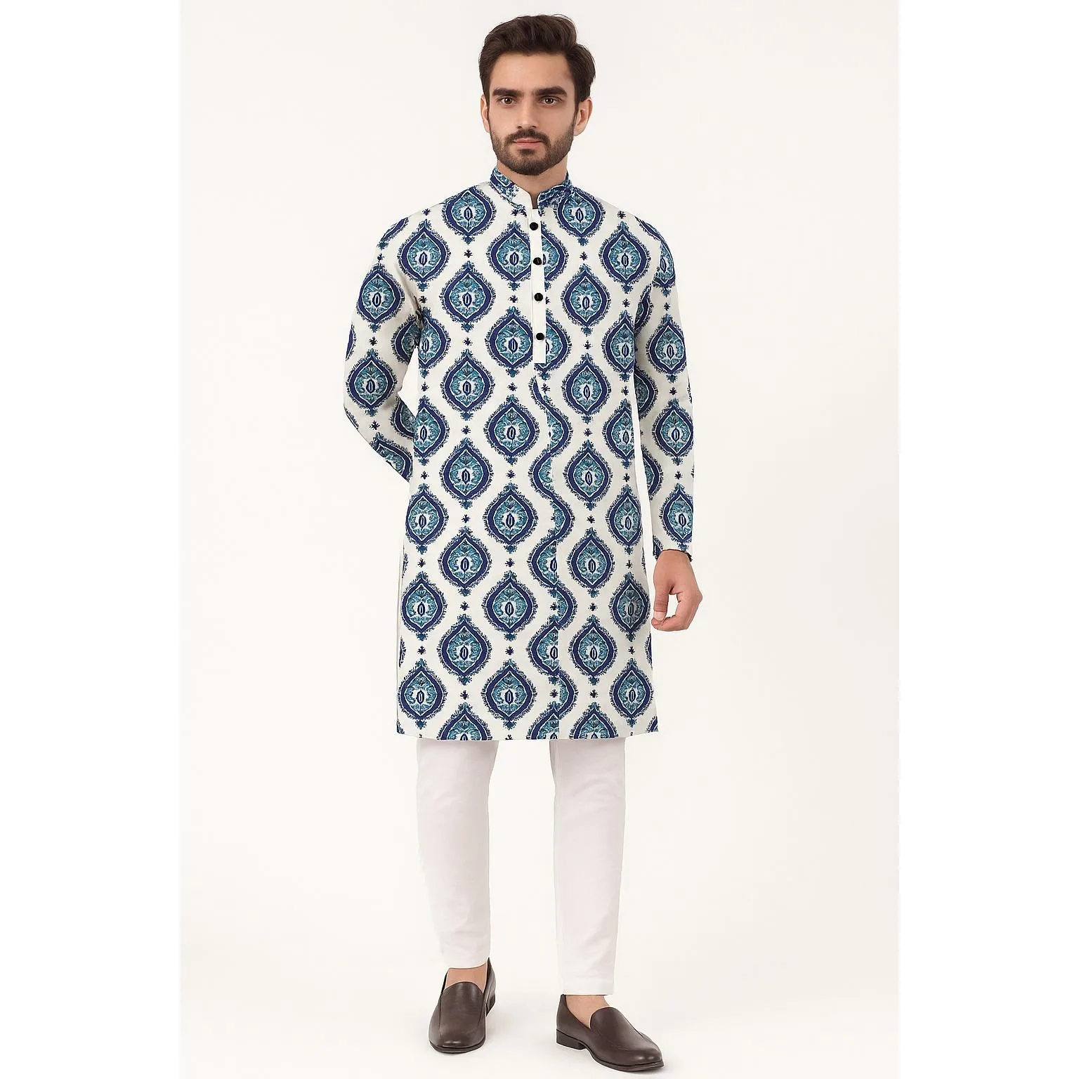 2026 ملابس علوية إسلامية للرجال نمط عرقي بأكمام طويلة وياقة واقفة قمصان غير رسمية ضيقة غير منتظمة بحاشية للرجال المغرب دبي #1