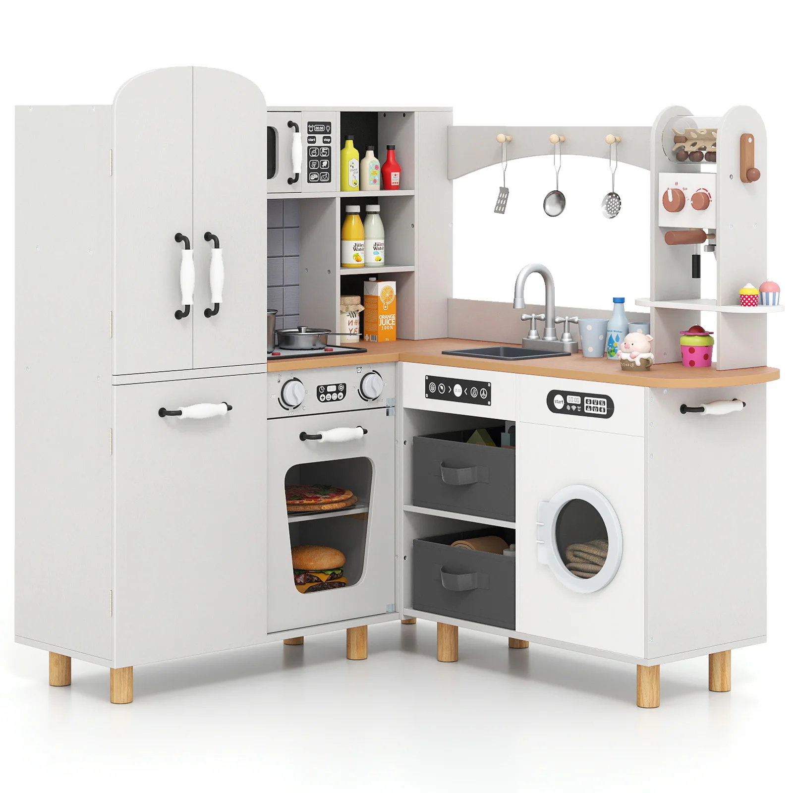 Cocina infantil, cocina esquinera con 12 accesorios y cestas de tela, cocina de madera, cocina de juguete