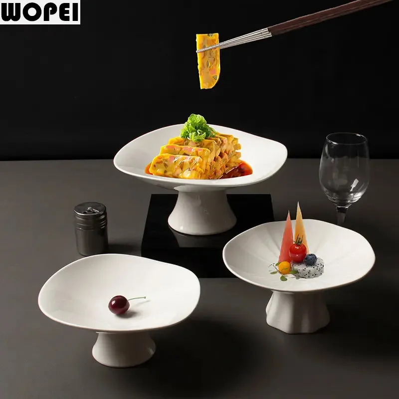 Pure White Simple Ceramic Main Dish Plate Hotel Restaurant Kitchen Special Tableware Creative High-foot Fruit Salad Plate