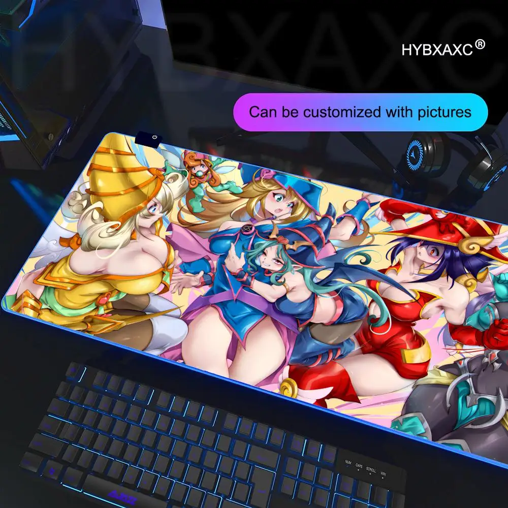 Yu Gi Oh Dark Magician Girl RGB Mouse Pad Large Gamer Deskmat Non-slip LED Mat Office Carpet Computer Accessories Mausepad Mats