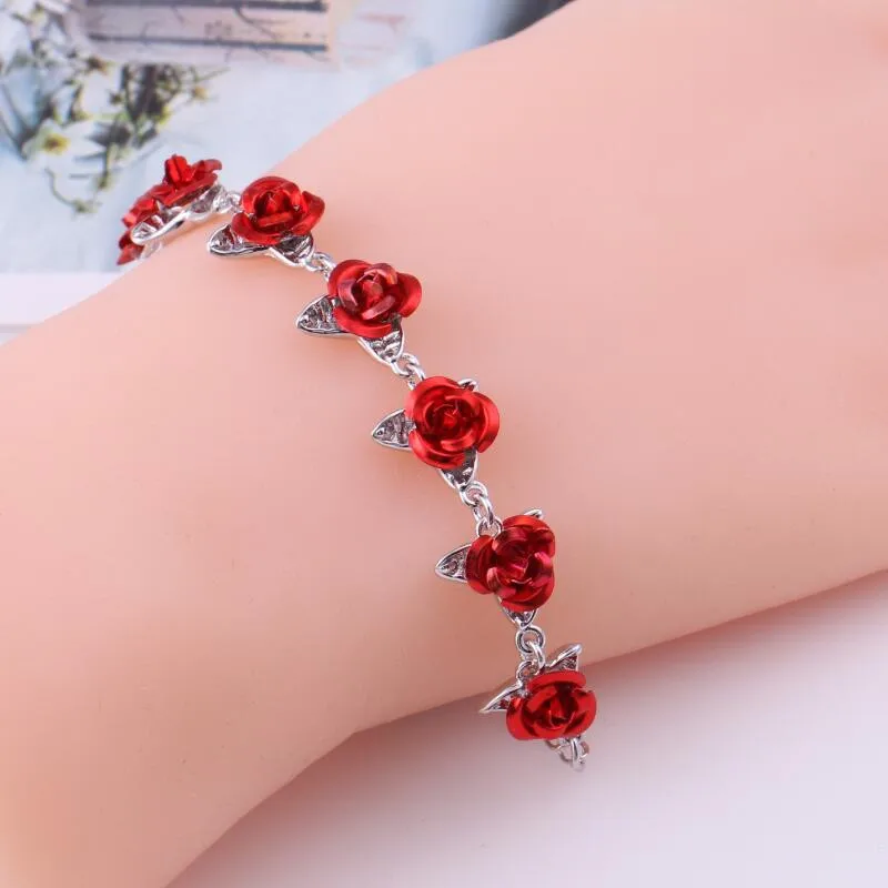 Romantic Adjustable Red Rose Link Chain Bracelet Fashion Valentine Gift for Lover Women's Hand Bracelets Bride Jewelry Accessori