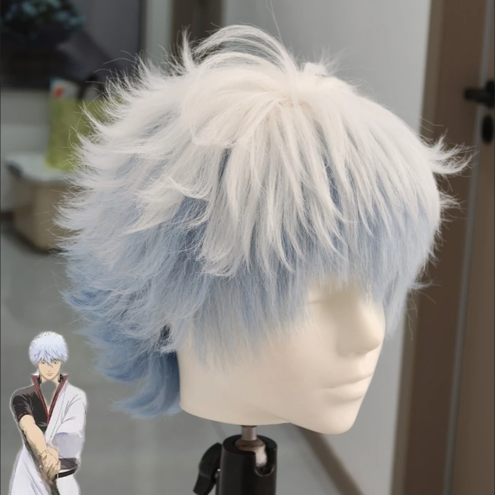 Anime Sakata Gintoki Cosplay Wig Gradient Short Hair Rose Net Cap Heat Resistant Synthetic Fiber Wig for Halloween Party