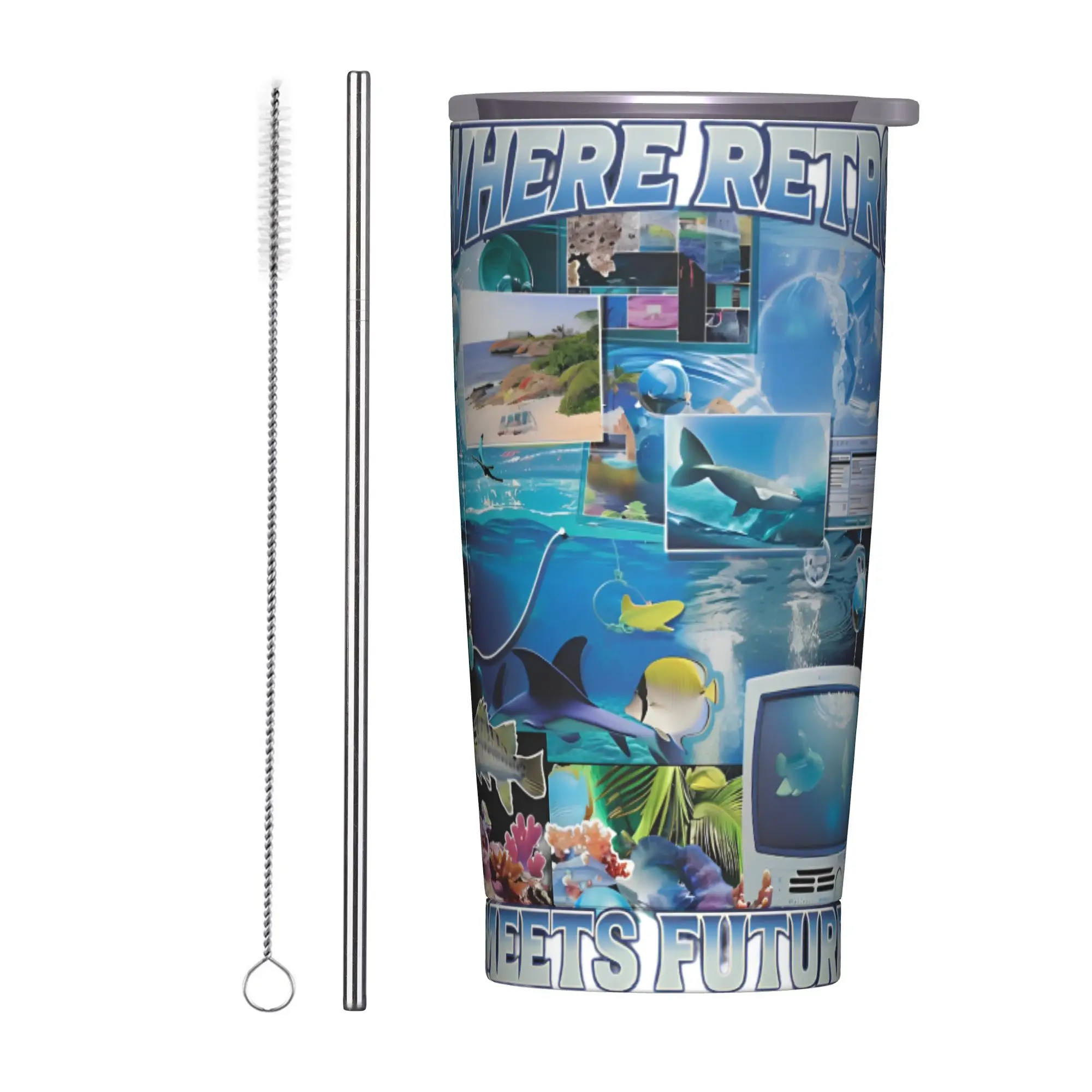 Frutiger Aero Where Meet Future Old Insulated Tumbler with Straws School Computer Stainless Steel Thermal Mug Bottle Cup, 20oz
