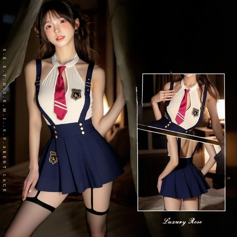 Sexy Lingerie Cosplay Student Uniform Set Halter Neck Tie Top Suspender Mini Skirt Role Play Outfit for Party Nightwear