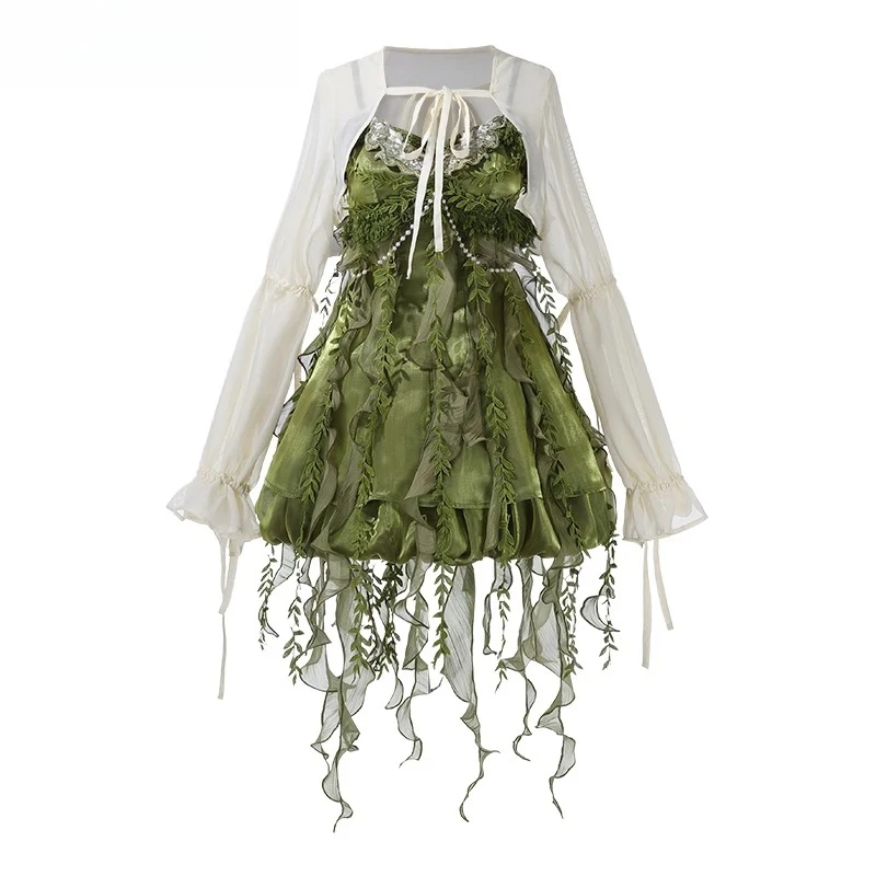 

2025 New Super Fairy Princess Women's Three Pieces Lolita Mori Style Dress Set Sweet Girl Green Strap Top + Flower Bud Skirt