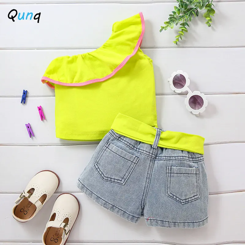 Qunq 2023 Summer New Girls Sloping Shoulders Sleeveless Top + Ripped Denim Shorts 2 Pieces Set Casual Kids Clothes Age 3T-8T