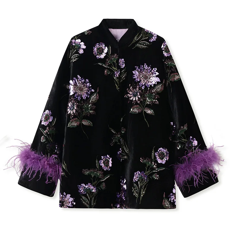 Chinese National Embroidery Jacket Women Beautiful Sequins Temperament Jacquard Ethnic Coat For Spring Autumn