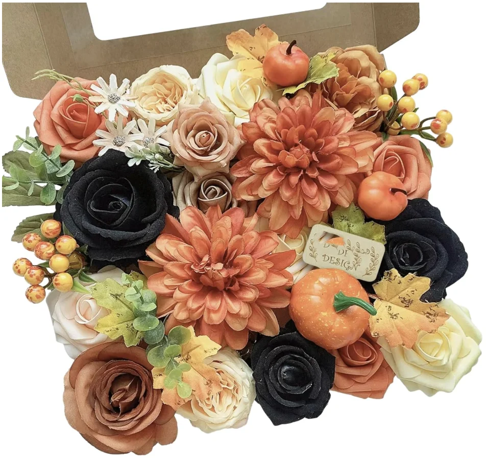 Roses Artificial Flowers Fall Orange Black Bouquet Box Set for DIY Halloween Wreath Autumn Wedding Bridal Shower Decorations