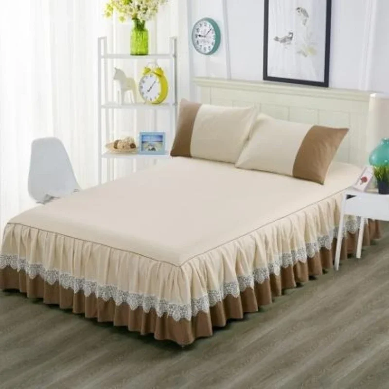 European Style Cotton Single Piece Bed Aprons Color Blocking Design Anti Slip Bed Skirts Detachable Washable Mattress Dust Cover