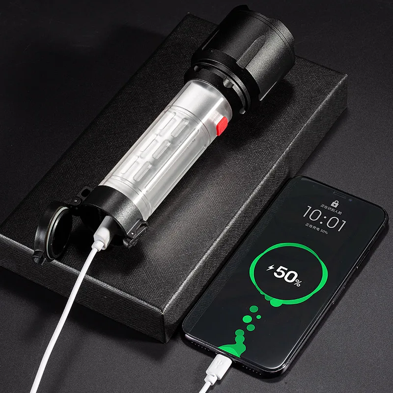 Laser 5050 Wick Rechargeable Zoom Flashlight with Side Light LED Charging Bank Function Long-range Outdoor Lighting Torch