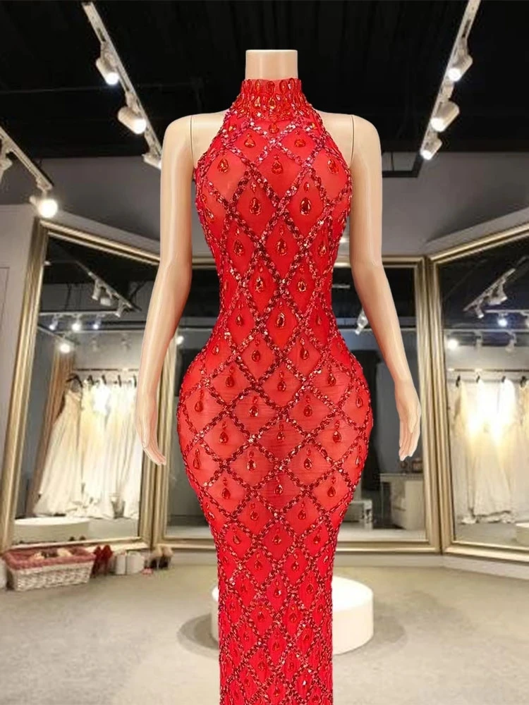 Abito con pietre rosse sirena aderente Halter senza maniche Ballroom Evening Festival abbigliamento rhinestone Birthday Party Outfit