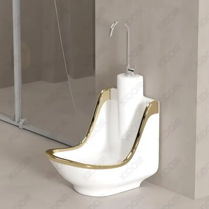Ceramic Wudu Ablution Sink with Foot Washer – Muslim-Friendly Gold Wash Basin for Bathroom Use
