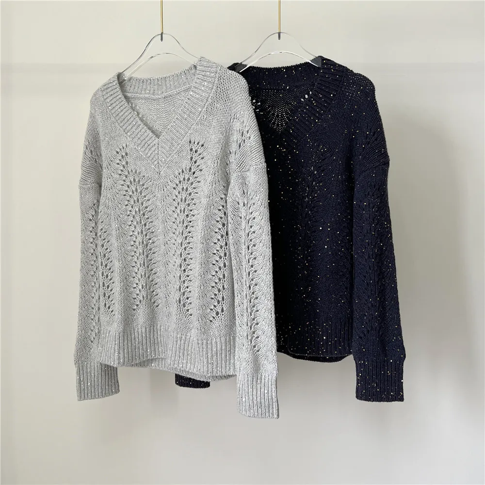 Pullover con paillettes con scollo a v maglione lavorato a maglia a maniche lunghe abbigliamento donna di alta qualità