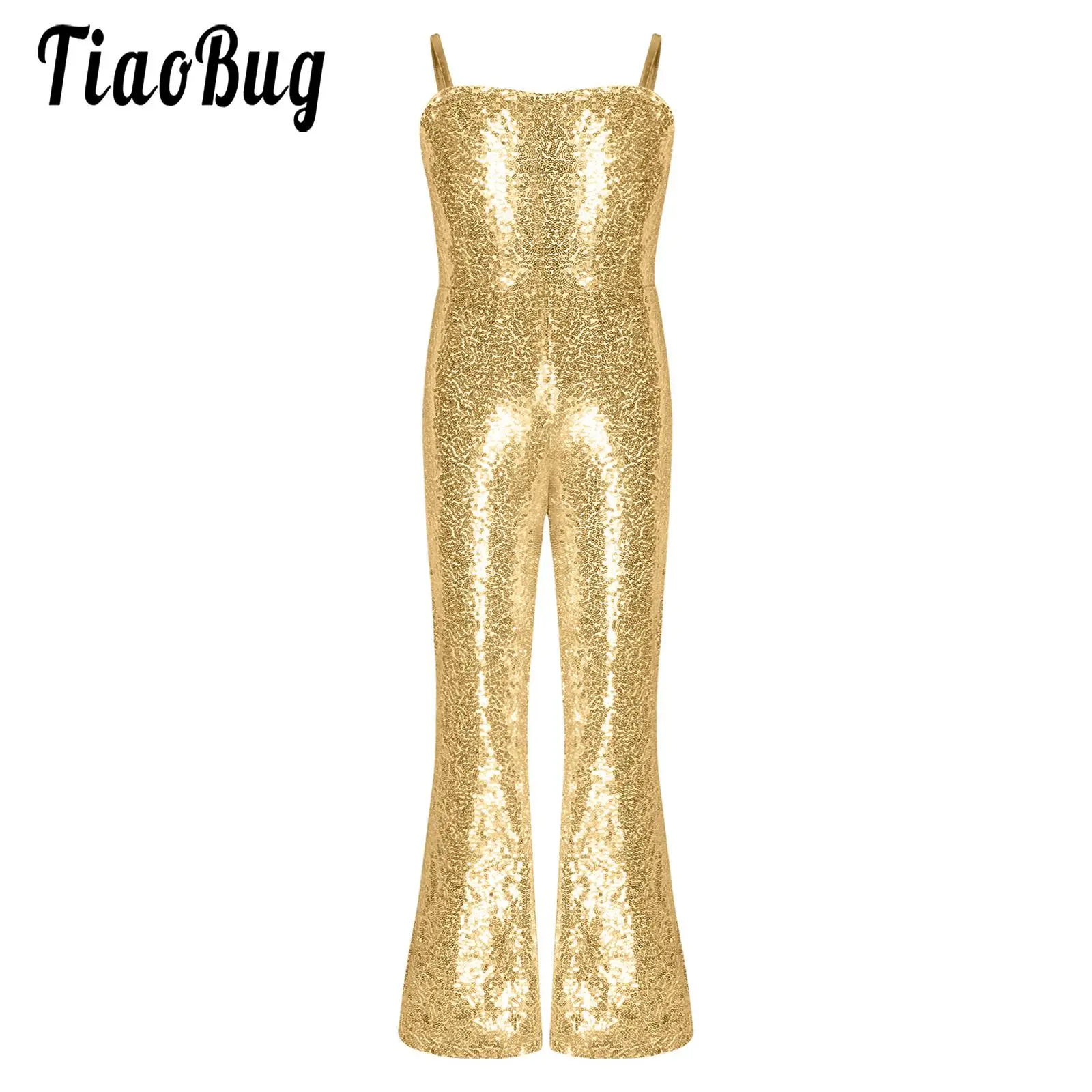 

Kids Girls Jazz Latin Dance Dresses Movie Character Cosplay Costume Halloween Allover Sequins Bell Bottoms Jumpsuit With Zipper