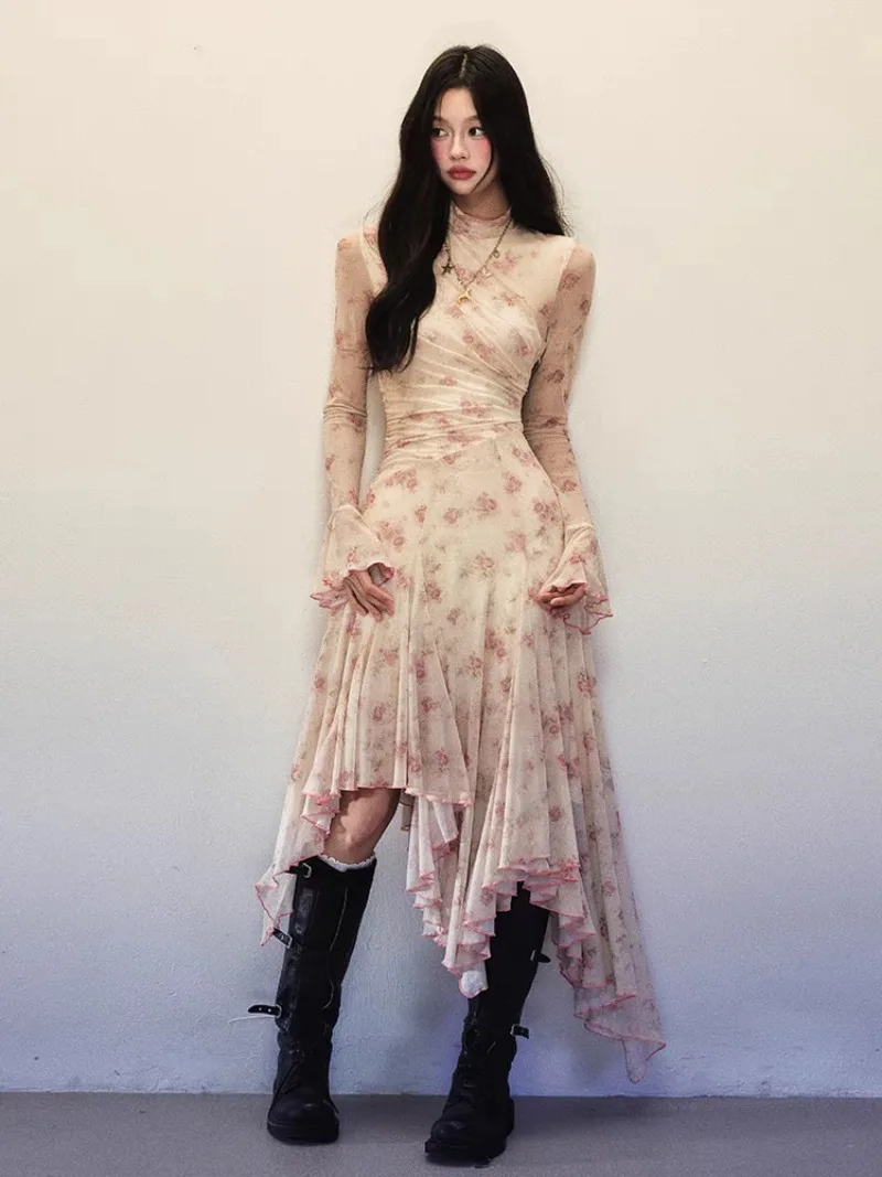 

Rose Printed High Neck Dress Women's Spring and Autumn Flared Sleeves Irregular Slim Fit Long Dress Fashion Female Clothes