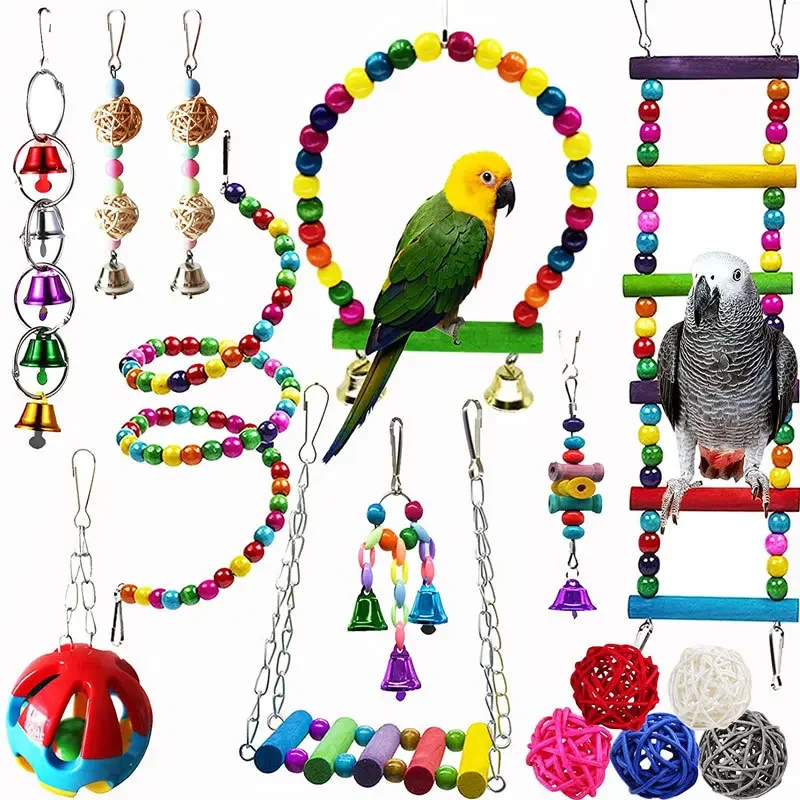 

15 piece set of bird toys, swings, stairs, suspension bridges, bell balls, rattan balls, parrot nibbling toys