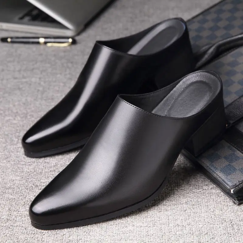 Pointed Men's Sandals Business Casual Dress High Heel Without Heel Leather Shoes Fashion Versatile Bag Head Tide Slippers