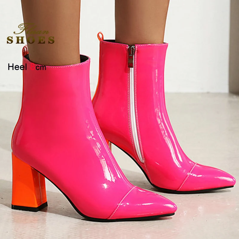 

2025 New Sexy Autumn Winter Rose Red Women's Ankle Boots Thick High Heels 8cm Pointed Toe Side Zipper Short Boots Plus Size 46