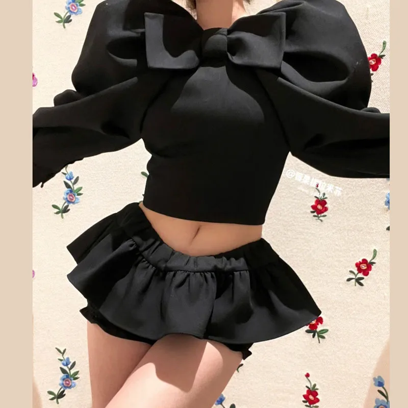 Designer Brand Big Bow Bubble Sleeve Puffy Club Top Sweet Kawaii Clothes Ruffless Sexy Mini Shorts Blue Black Set 2023 New