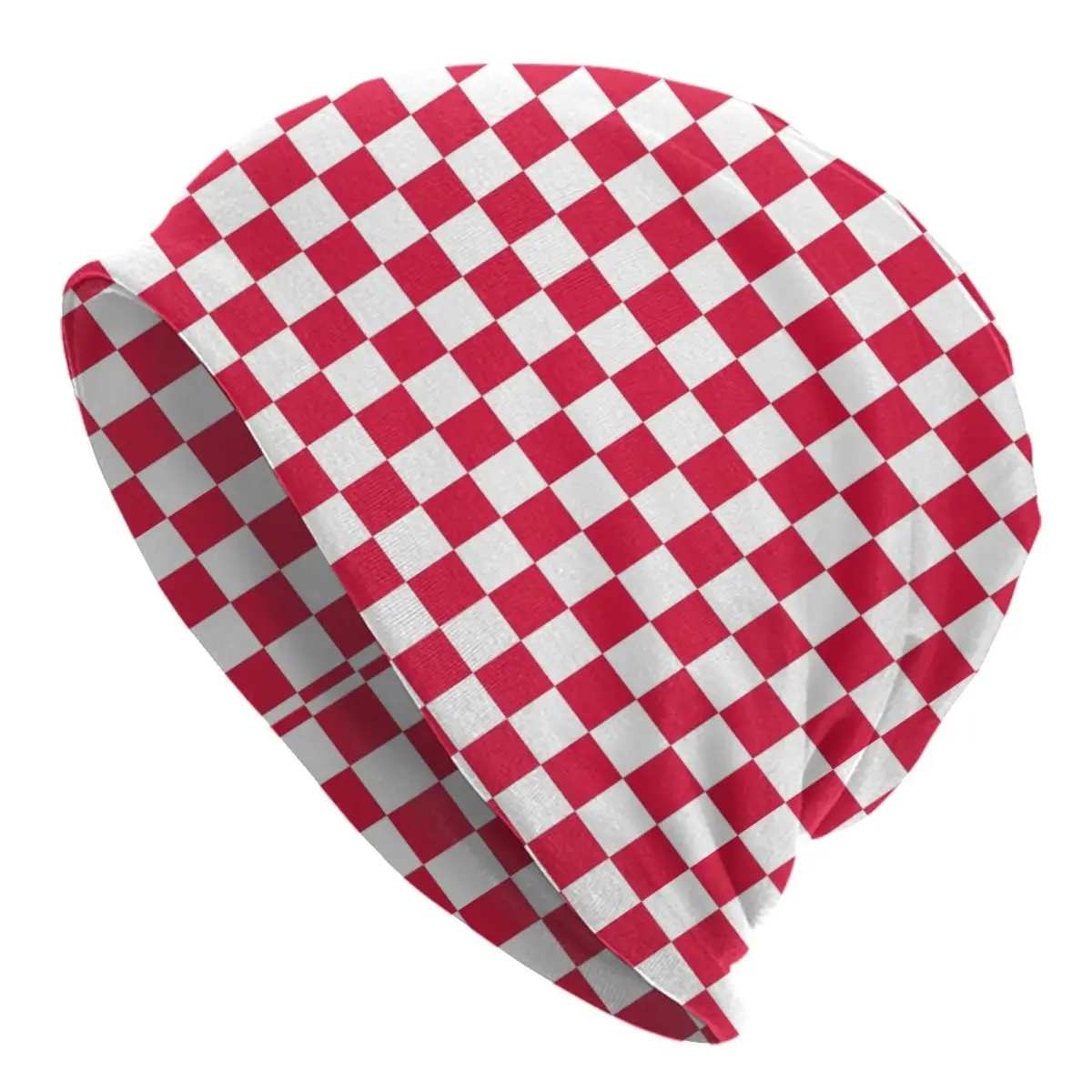 

White And Crimson Red Checkerboard Skullies Beanies Caps Men Women Outdoor Winter Warm Knit Hat Plaid Geometric Bonnet Hats