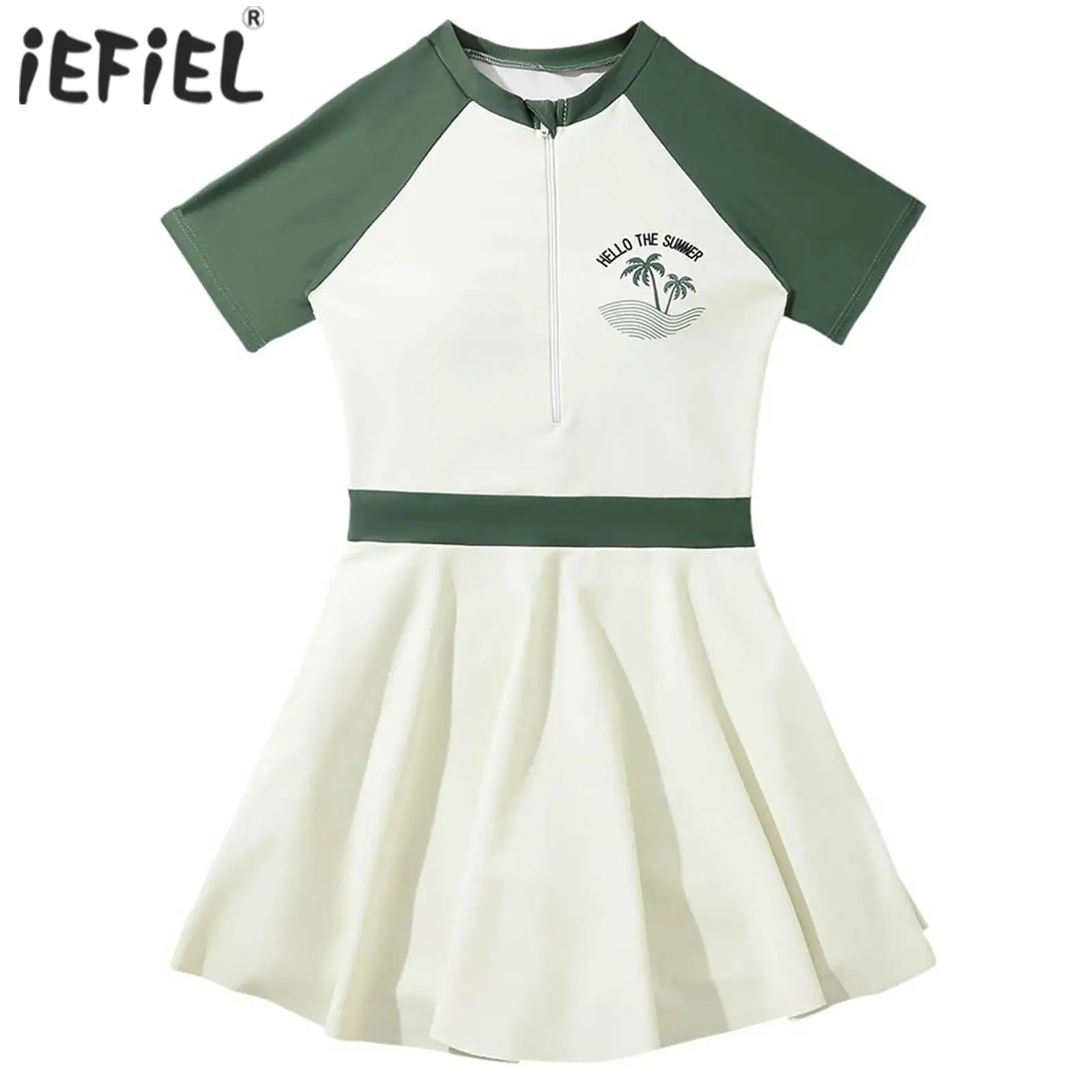 Kids Girls Rash Guard One Piece Sun Protection Swimsuits Short Sleeve Color Block Front Zipper Printed Dress Summer Swim Outfit
