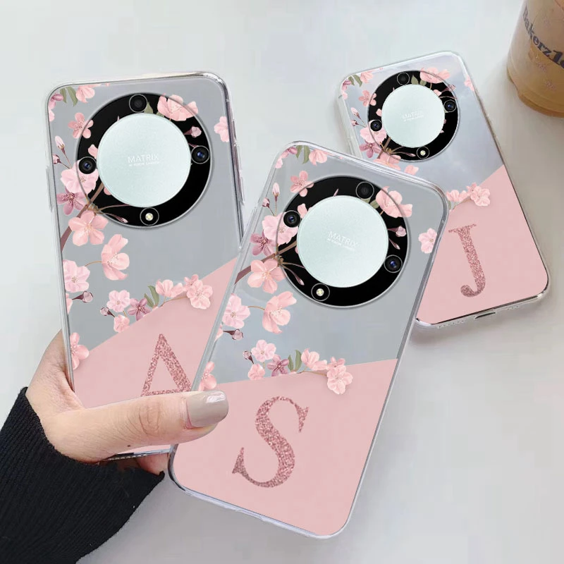 Fashion Pink Flowers Case For Honor X9A Magic5 Lite 5G Back Cover Initial Letter Transparent Soft TPU Fundas For HonorX9A Coque