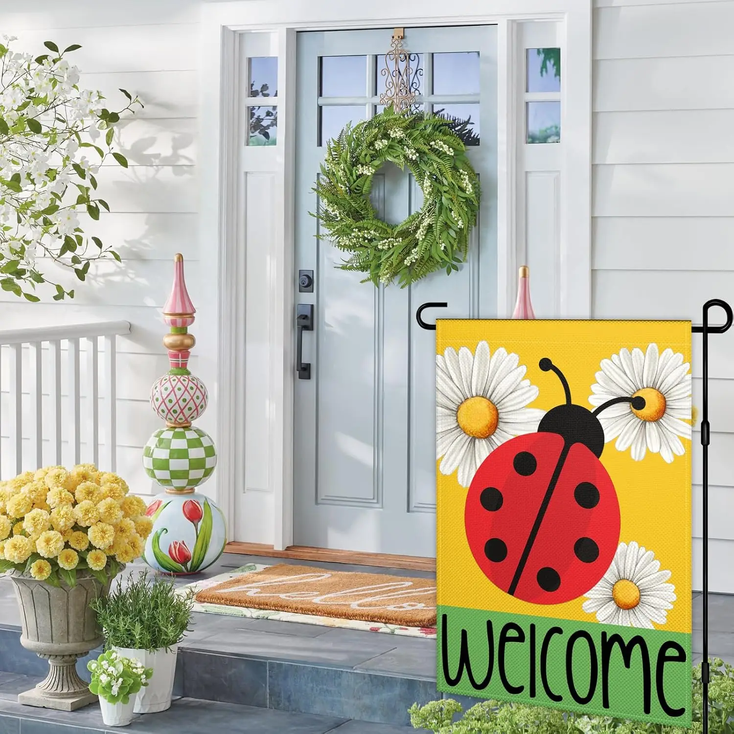 Ladybug Garden Flags for Outside 12×18 Inch Double Sided Spring Summer Flowers Garden Flag with Daisy Welcome Garden Flags f SSL
