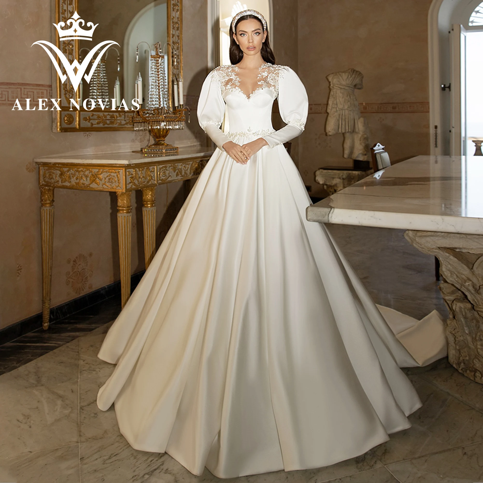 

ALEX NOVIAS Ball Gown Wedding Dresses 2023 Sweetheart Appliques Sequined Puff Sleeve Satin Wedding Gown Vestido Novias De Saten