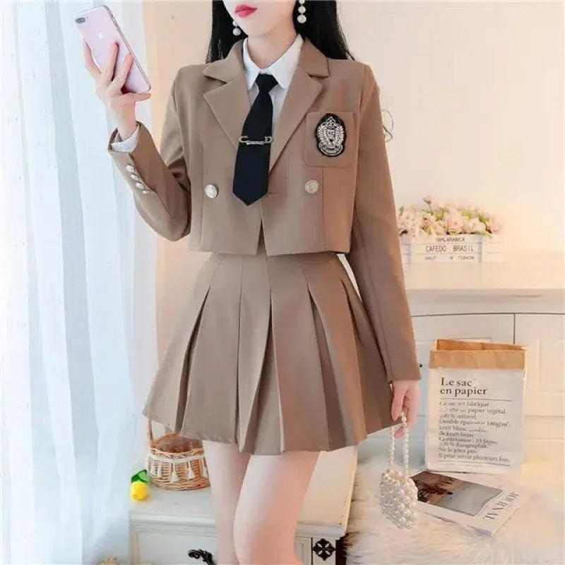 Vintage 2 Piece Skirt Set Women Casual Long Sleeve Blazer Jacket Coat  + Pleated Skirt Suits Korean Autumn Outwear Tracksuits