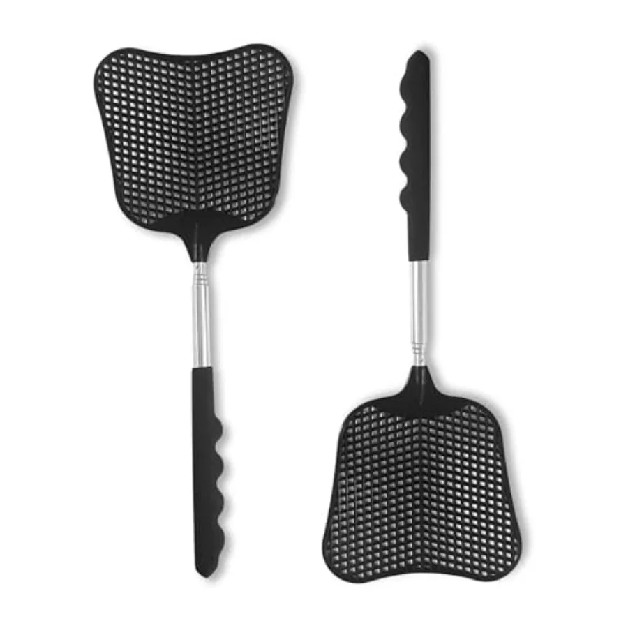 Fly Swatters 2 Pack, Durable Telescopic Stainless Steel Handle, Heavy Duty Black Bug Zapper Racket, Upgraded Plastic Fly Swatte