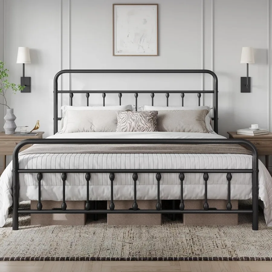 Classic Metal Platform Bed Frame Mattress Foundation with Victorian Style IronArt Headboard and Footboard Enhanced Under Bed St